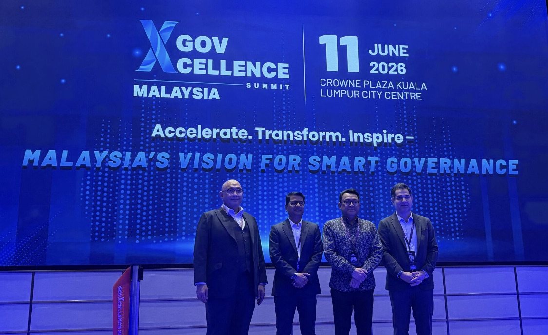 Four speakers standing in a line in front of the GovXcellence Summit backdrop, which reads 11 June 2026, Crowne Plaza Kuala Lumpur City Centre, and Accelerate. Transform. Inspire - Malaysia's Vision for Smart Governance.