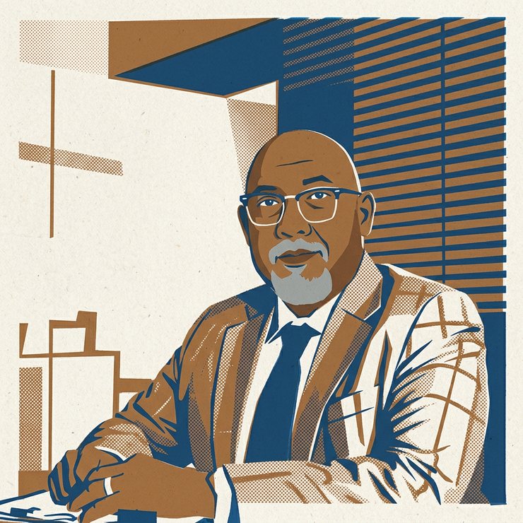 A screenprint-style graphic of Reza Ali in ink blue and ochre, seated at a desk, rendered in flat geometric shapes.