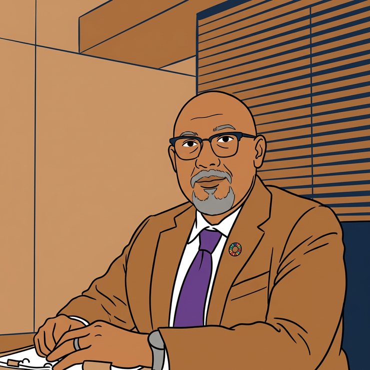A flat cartoon of Reza Ali in warm brown tones, bold ink outlines, seated with a laptop and papers.