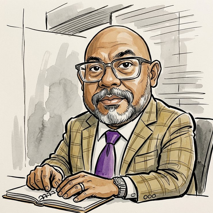 An ink-and-wash caricature of Reza Ali with a somewhat enlarged head, thick brows and an amplified moustache.