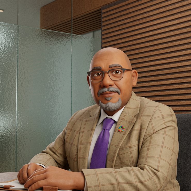 A polished portrait of Reza Ali that looks like a photograph: seated at a desk in an office with a glass partition and a slatted wood ceiling.
