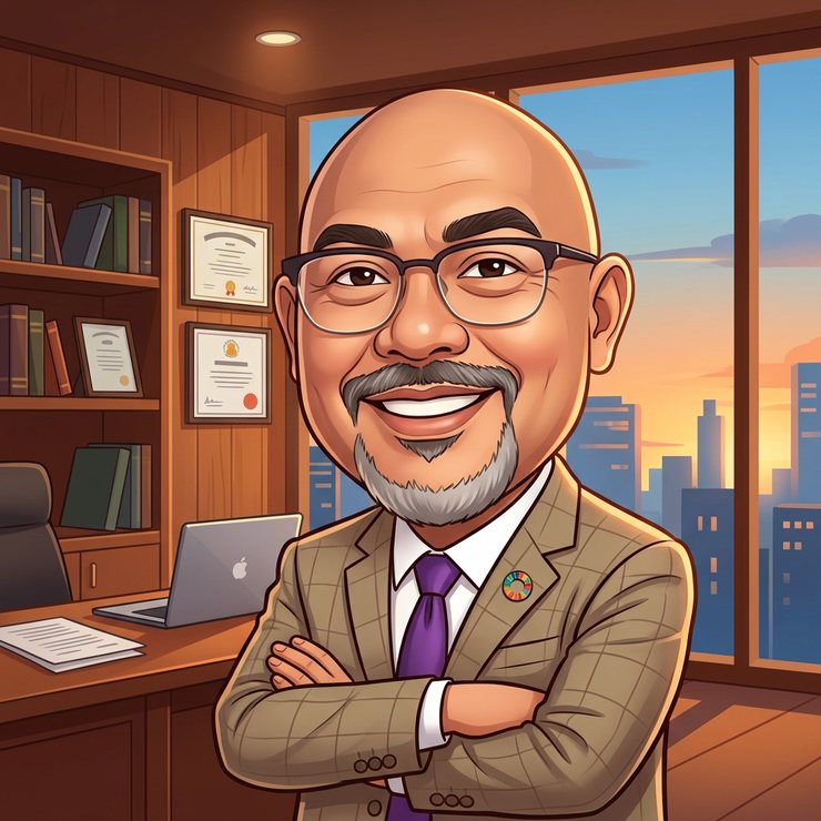A digital caricature of Reza Ali with an oversized head and a broad grin, arms crossed, in a wood-panelled office with bookshelves and a window showing a city skyline at sunset.