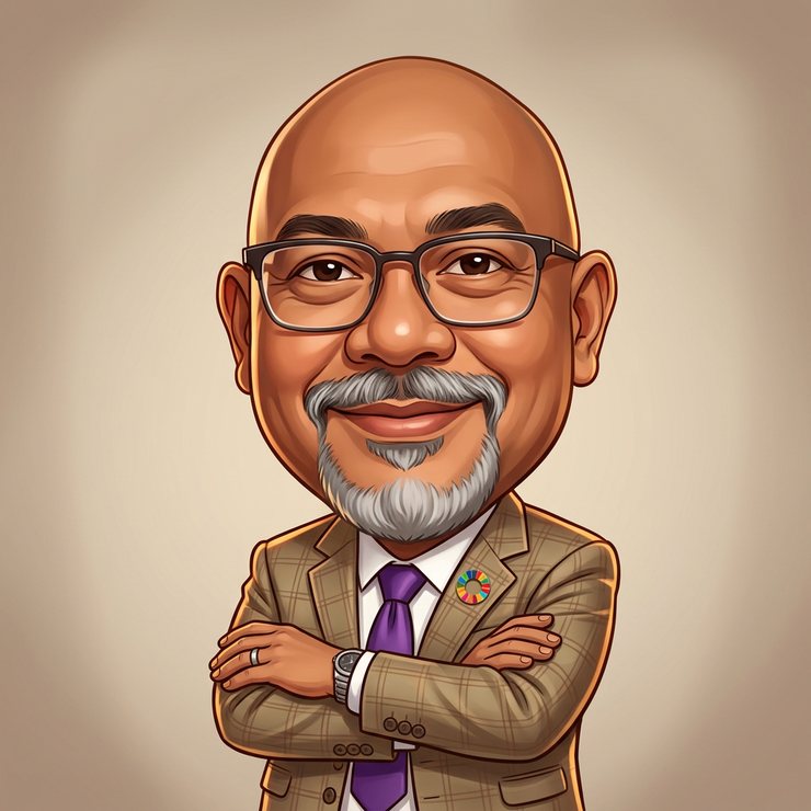 The same caricature of Reza Ali on a plain warm studio backdrop, arms crossed, full grey beard, white shirt.