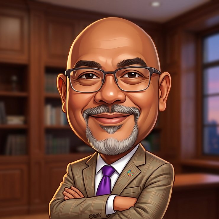 A closer caricature of Reza Ali, head and shoulders, against a soft office background at dusk.