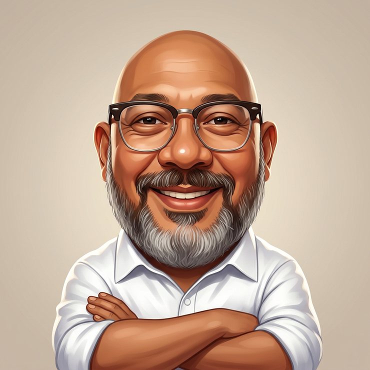 A caricature of Reza Ali with a full grey beard and browline spectacles on a plain backdrop.