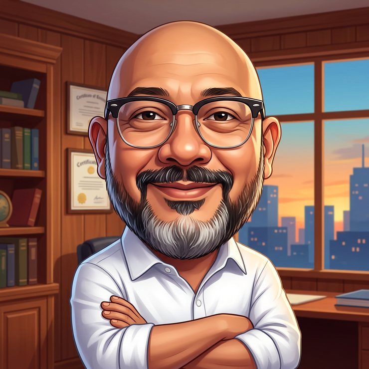 A caricature of Reza Ali with a full grey beard and browline spectacles, arms crossed in a wood-panelled office with bookshelves and a city skyline at sunset.